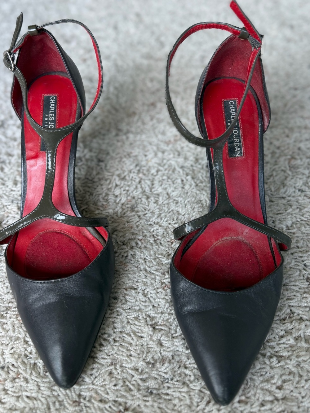 Charles Jourdan Black Pointed-Toe T-Strap Heels with Red Lining